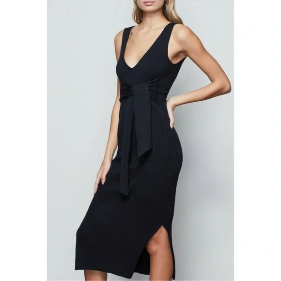 Good American Black Bodycon Ribbed Knit Tie Waist Midi Dress Size 1 Small - Picture 2 of 11